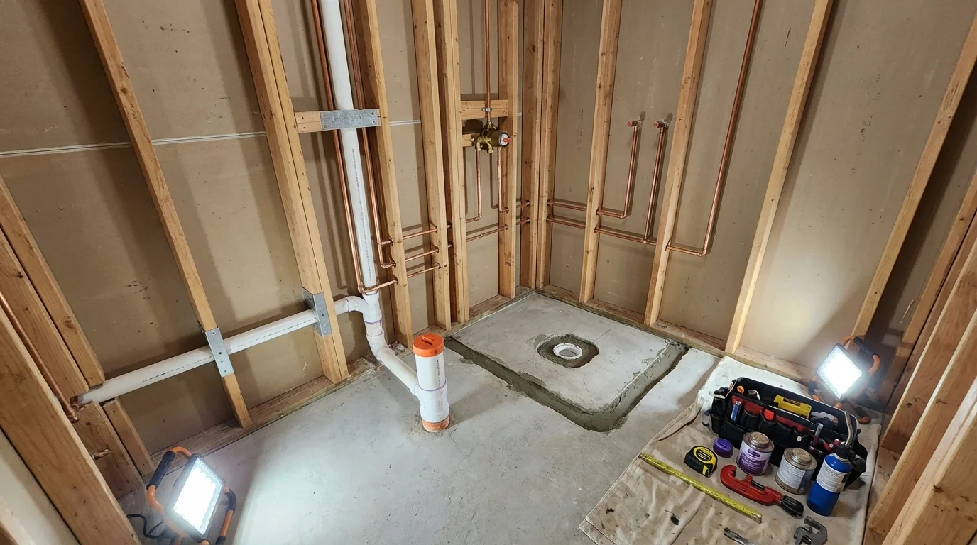 Bathroom rough-in plumbing during remodel by Johns Plumbing LLC in Plainview