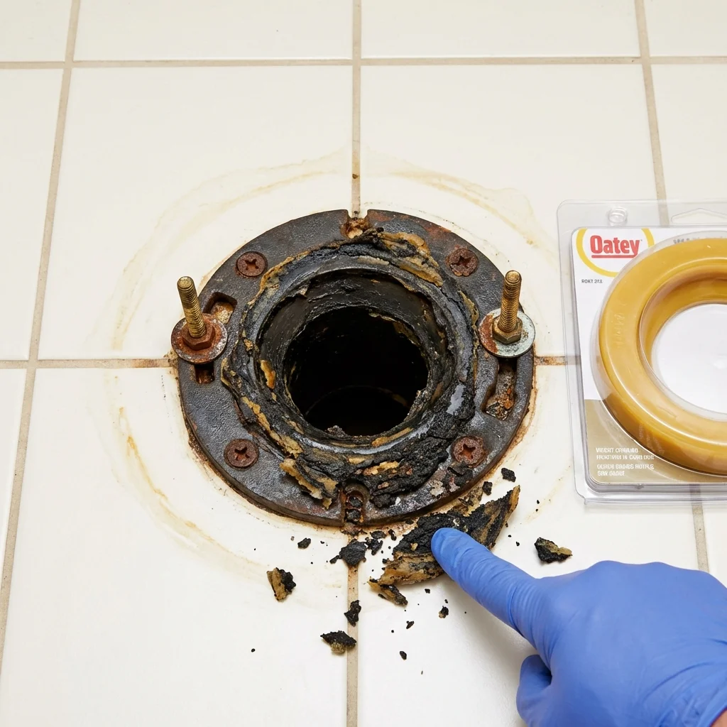 Failed wax ring showing water seepage at the base of a toilet in a Plainview, MN home