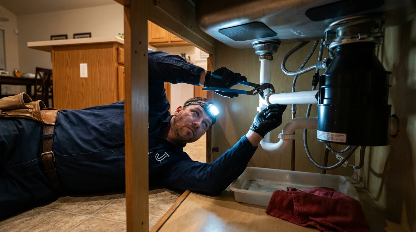 P-trap and supply line connections under a kitchen sink showing a common leak point in Plainview, MN